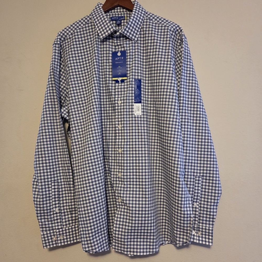 Apt. 9 Dress Shirt XL 17-17.5 NWT Blue White Gingham Check Long Sleeve